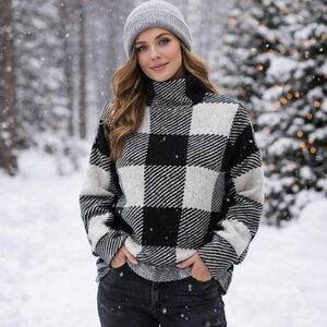 DKNY‎ Monochrome Turtleneck Chunky Plaid Knit Sweater S